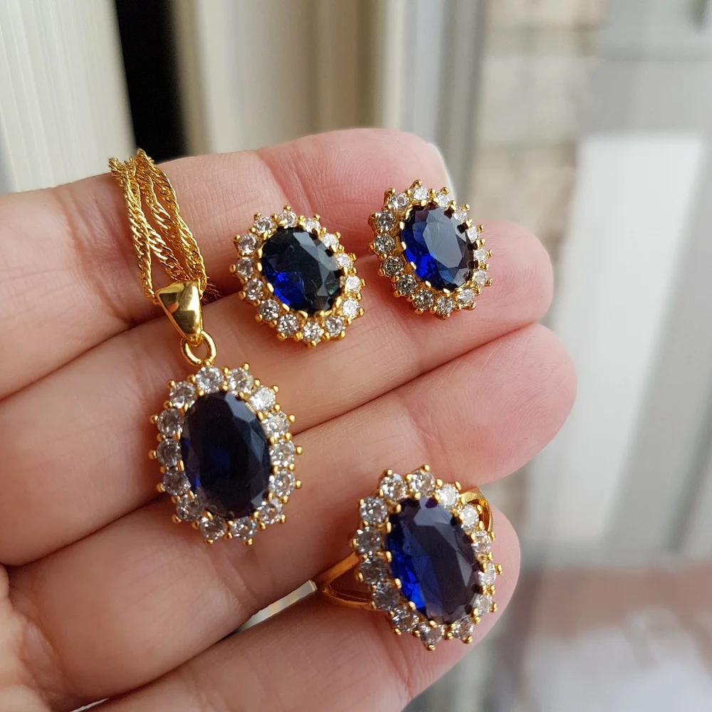 Swarovski Elements Gold 925 Sterling Silver Blue Sapphire Diana Oval Ring NEW